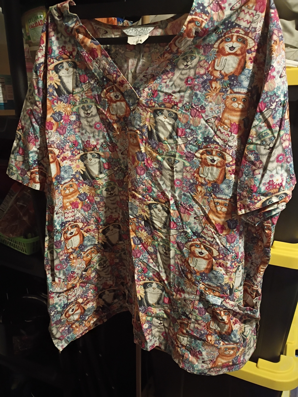 Cherokee Multicolor Cat-Print Short Sleeve Scrub Top Womens